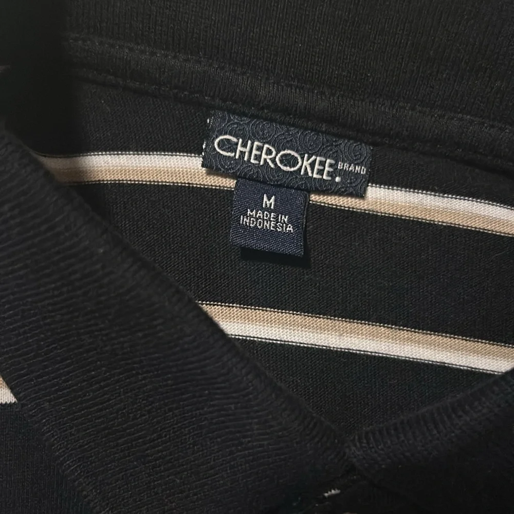 Cherokee Black and White Striped Polo Shirt - Medium